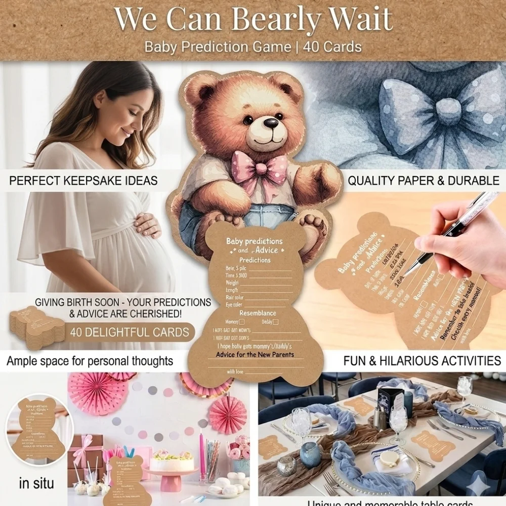 🍎New Teddy Bear Baby Shower Prediction Game 40 Cards Girl Boy Card Stock Advice